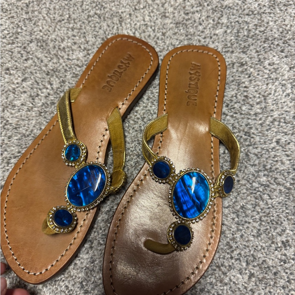 Mystique Boutique Gold and Blue Sandals with Jewel Embellishments